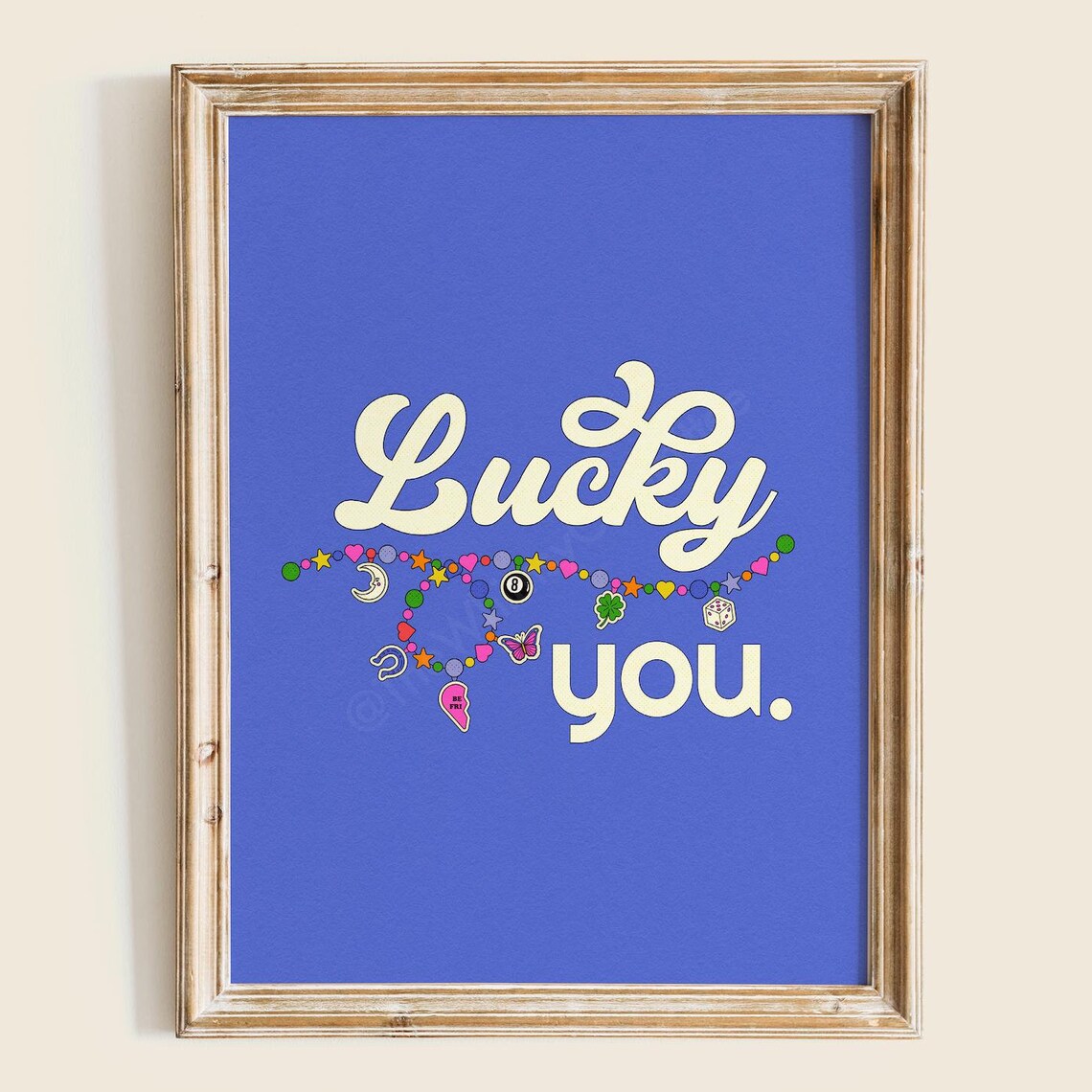 Lucky You Cobalt Blue Retro Script Charm Necklace Trendy Quote Poster