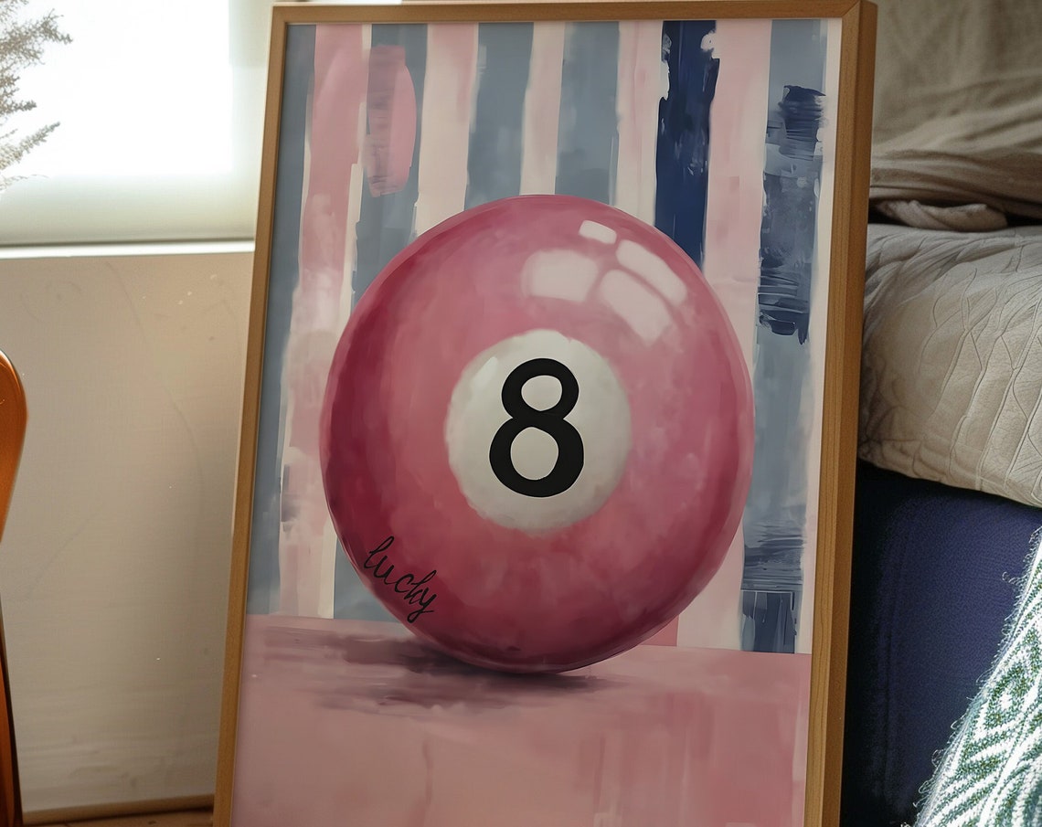 Pink Lucky 8 Ball Retro Pool Hall Print With Striped Backdrop - Image 2