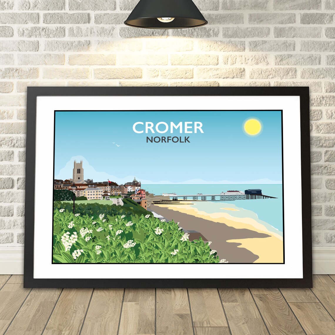 Cromer Norfolk Travel Poster Sunny Seaside Pier Beach And Church