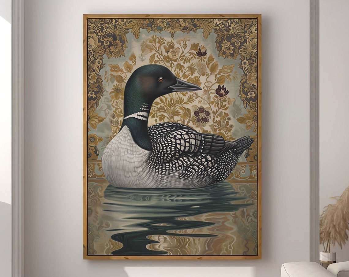 William Morris Style Loon Bird Gold Botanical Lake Scene Wall Art