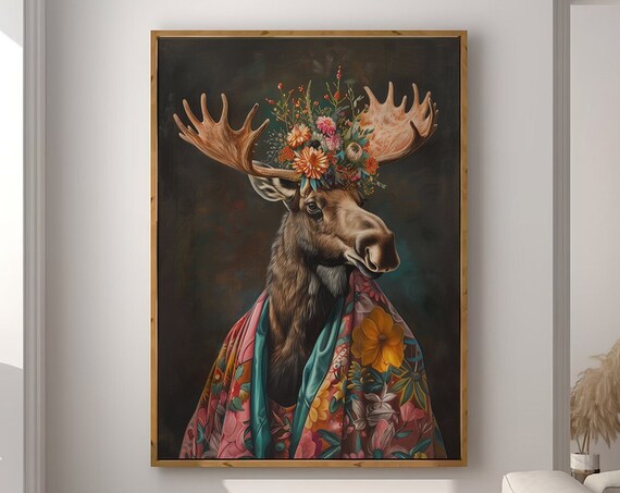 Moose Wearing Flower Crown and Floral Robe Dark Portrait Poster