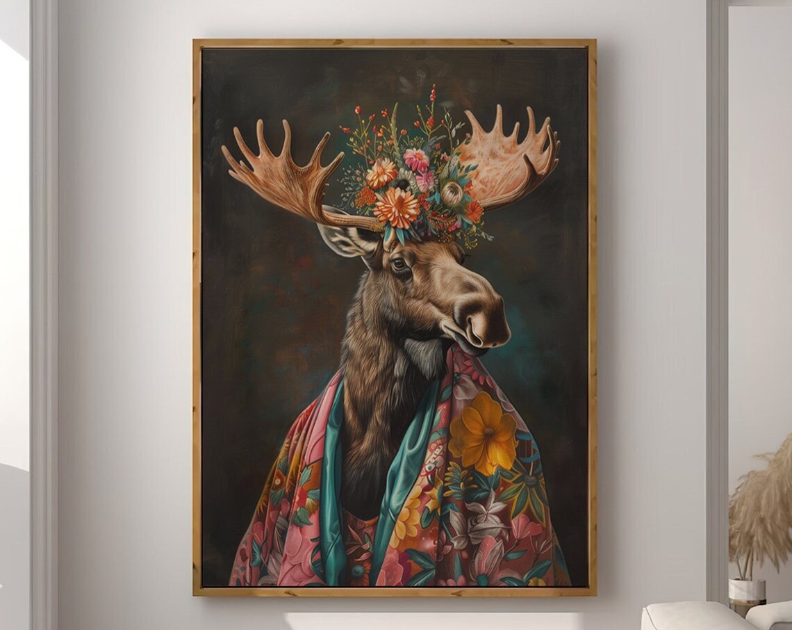 Moose Wearing Flower Crown and Floral Robe Dark Portrait Poster