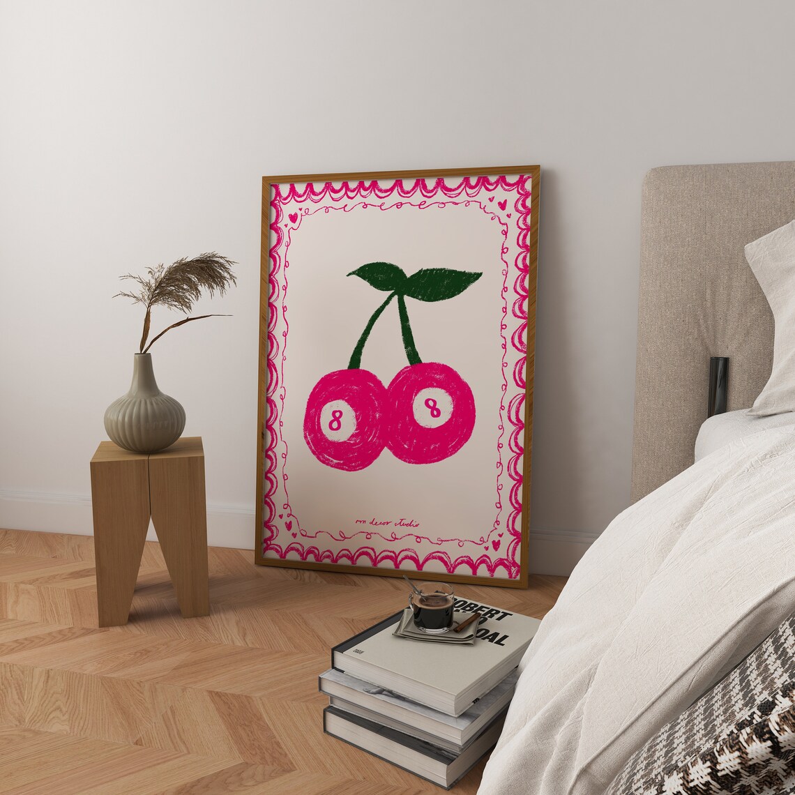 Pink Cherries Lucky 8 Poster, Retro Love Heart