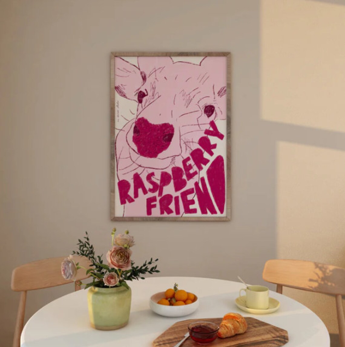 Raspberry Friend Art Print Poster Vintage Trendy Retro Cow Illustration Mid Century Modern Kitchen Wall