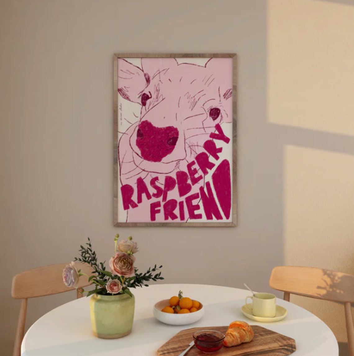 Raspberry Friend Pink Cow Illustration Trendy Kitchen Art Poster