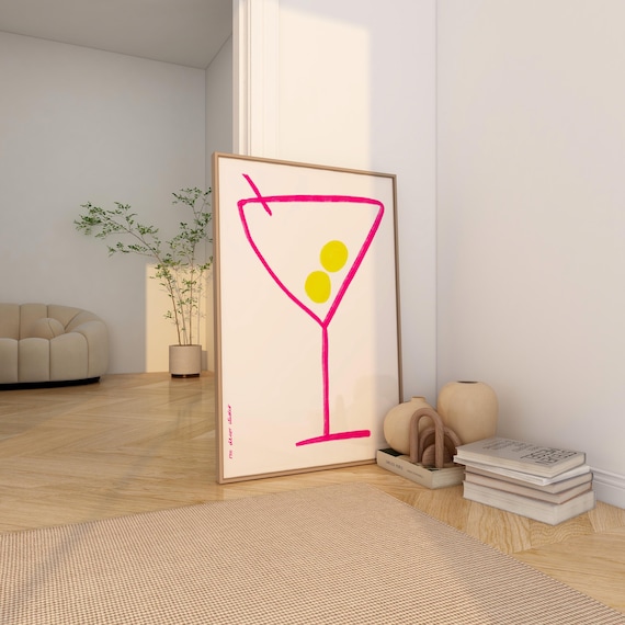 Pink Martini Cocktail Line Art Retro Bar Cart Wall Decor Poster