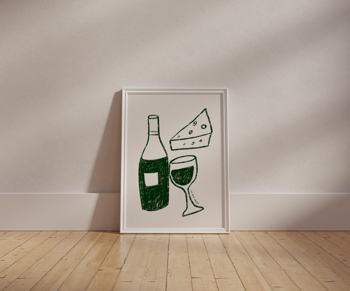 Wine Bottle Cheese and Glass Minimal Green Line Art Kitchen Poster