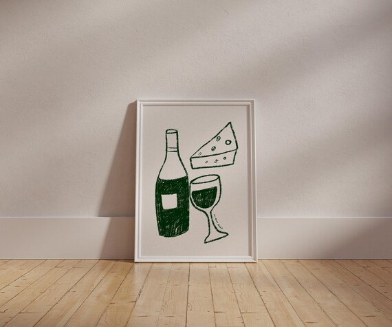 Wine Bottle Cheese and Glass Minimal Green Line Art Kitchen Poster