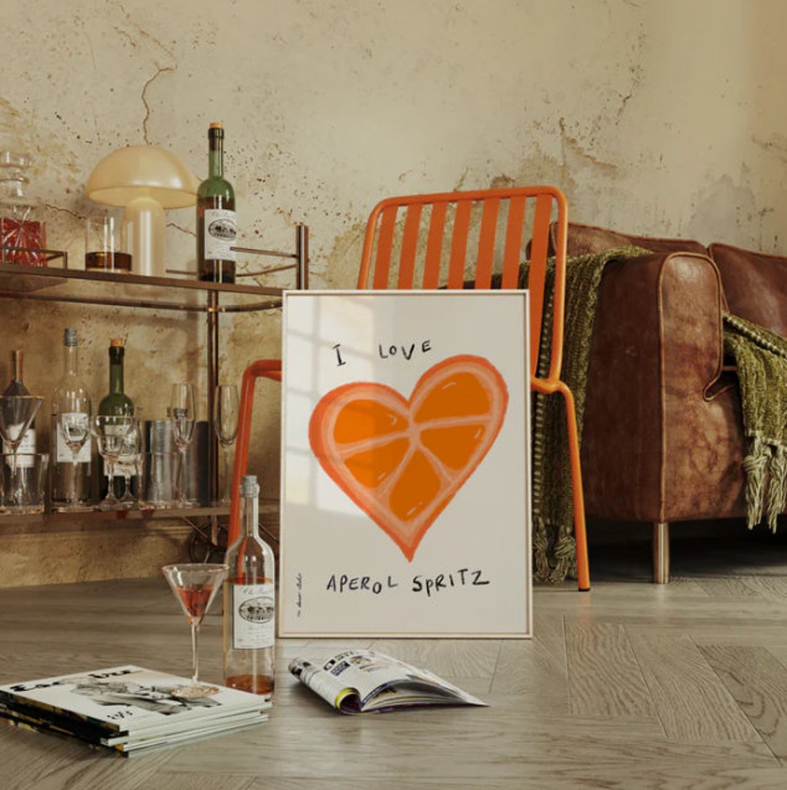 I Love Aperol Spritz Orange Slice Heart Retro Bar Cart Cocktail Poster