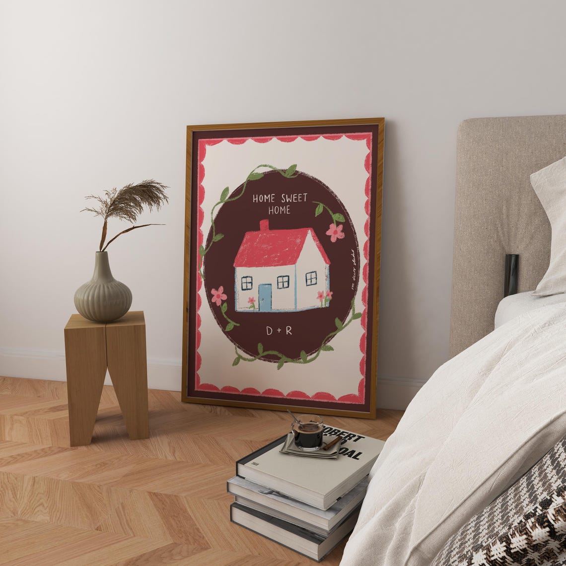 Home Sweet Home Cottage Illustration with Red Roof Art Print