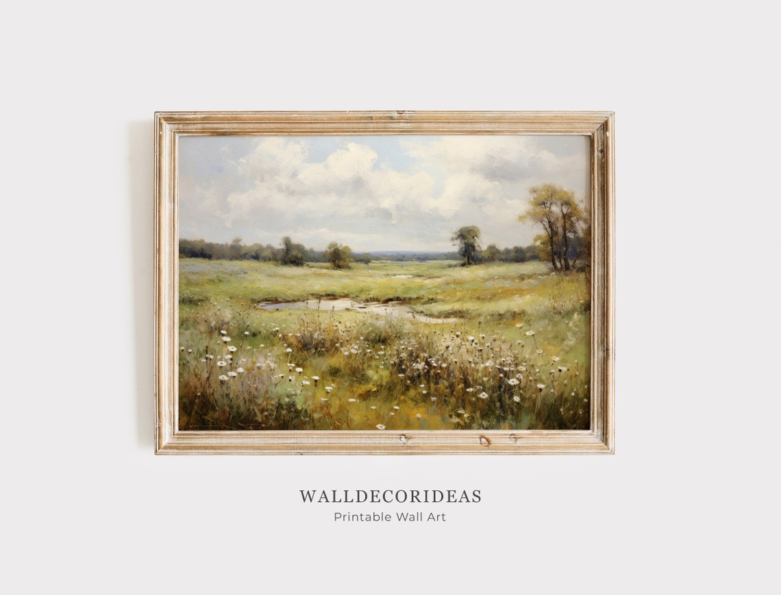 Wildflower Meadow With Pond Under Bright Blue Sky Painting Poster