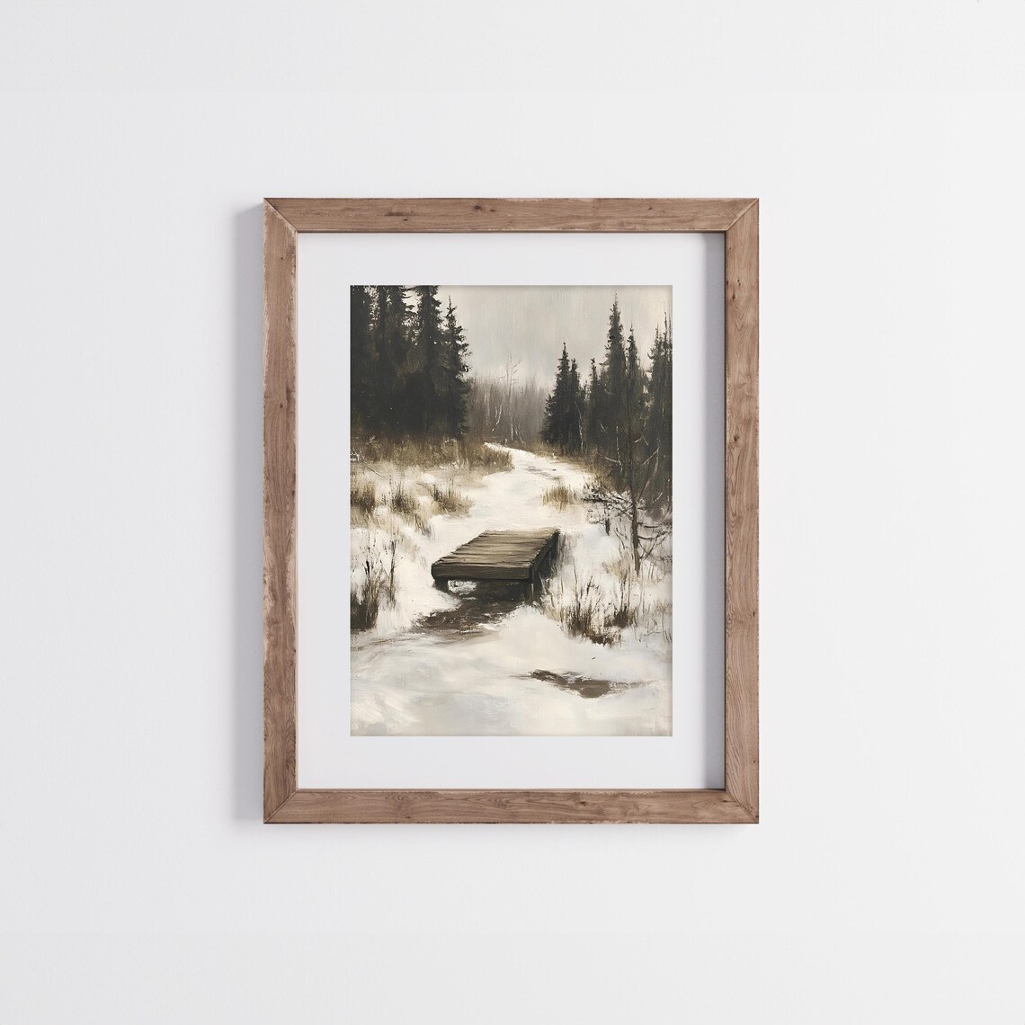 Vintage Winter Landscape, Moody Forest Scene With Bridge - Image 4