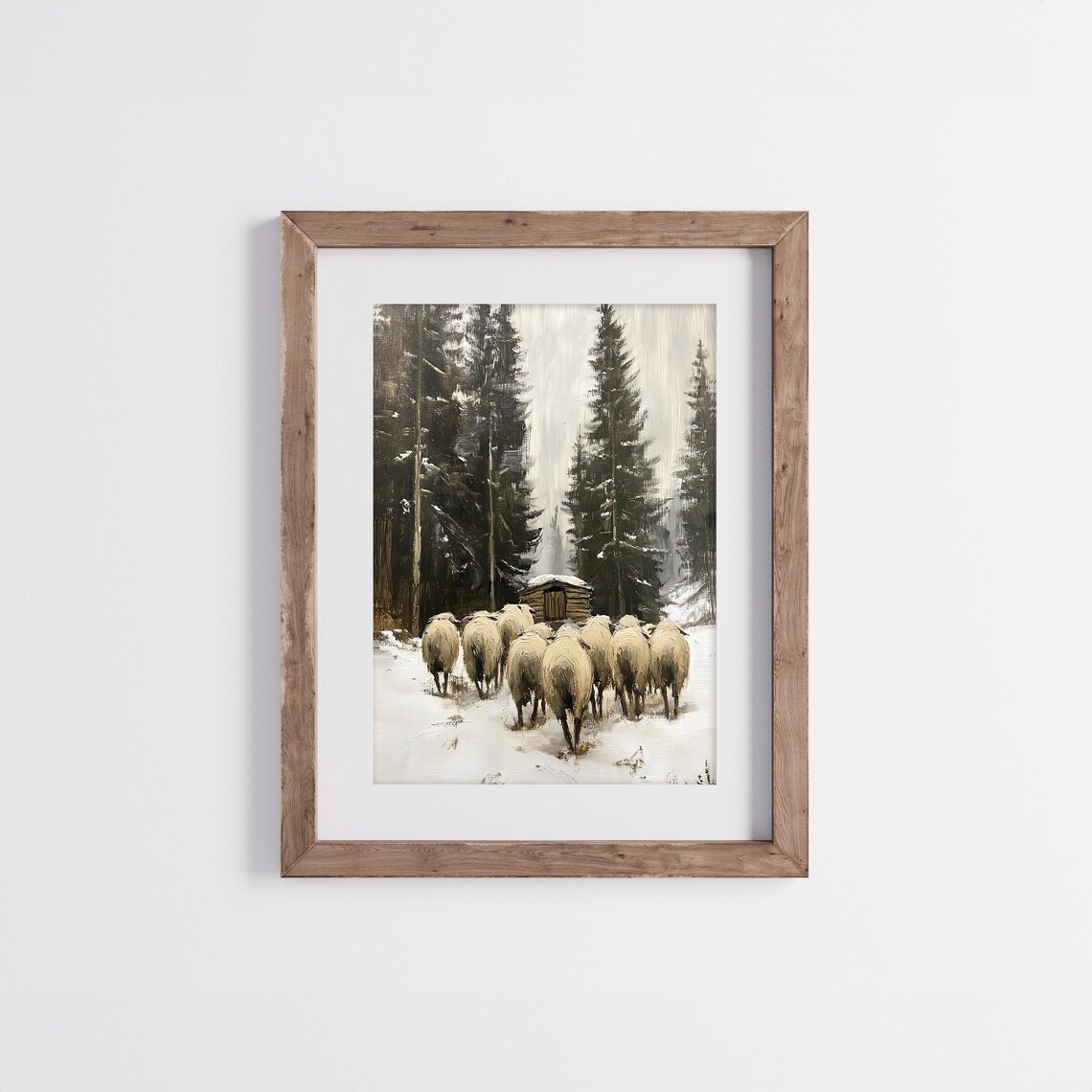 Sheep Flock In Snowy Pine Woods Vintage Winter Rustic Farmhouse Art Poster - Image 3