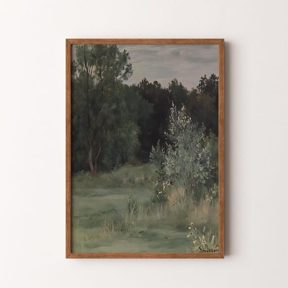 Vintage Forest Path Landscape Painting Moody Green Tones Wall Art Vi167