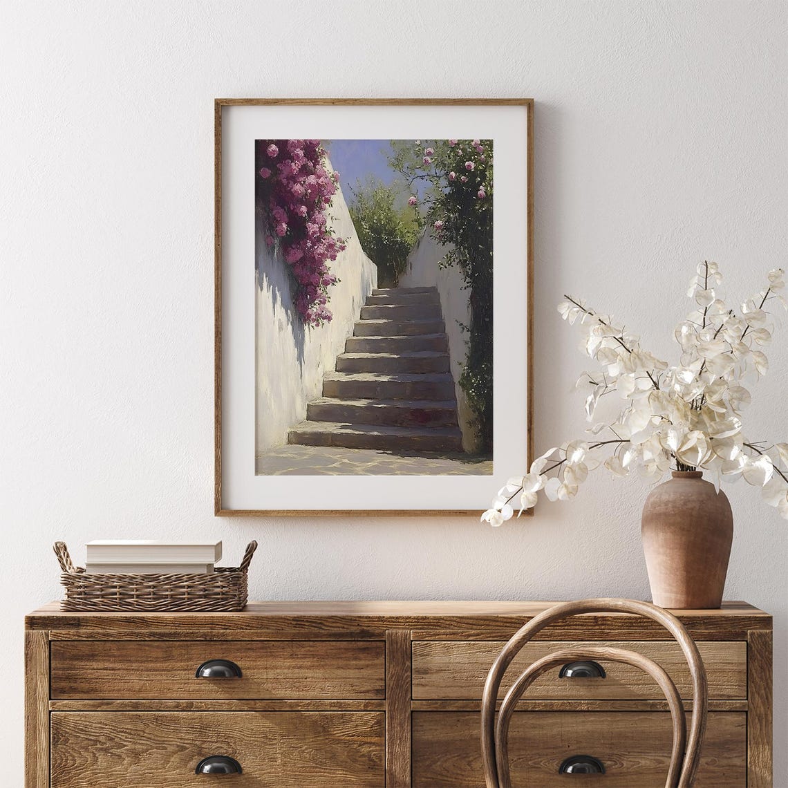 Sunlit Stone Stairway Bougainvillea White Walls Mediterranean Poster - Image 7