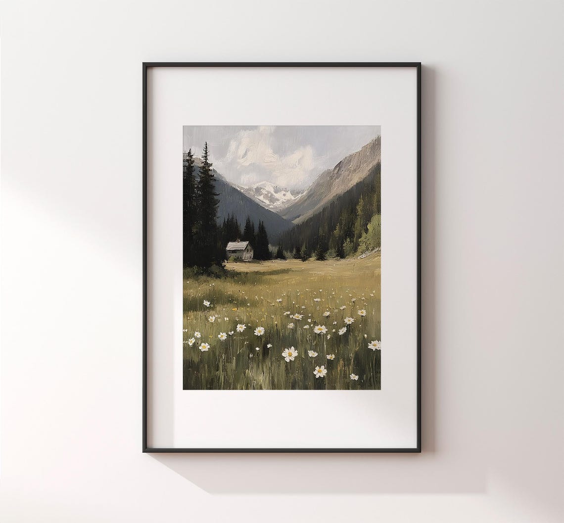 Alpine Meadow With Daisies And Cabin Vintage Mountain Painting Poster - Image 2