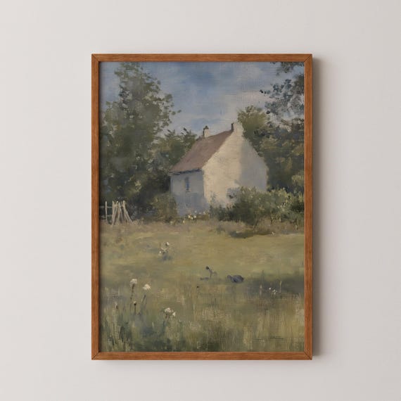 Rustic Country House Painting Muted Green Landscape Countryside Cottage Art Vi156