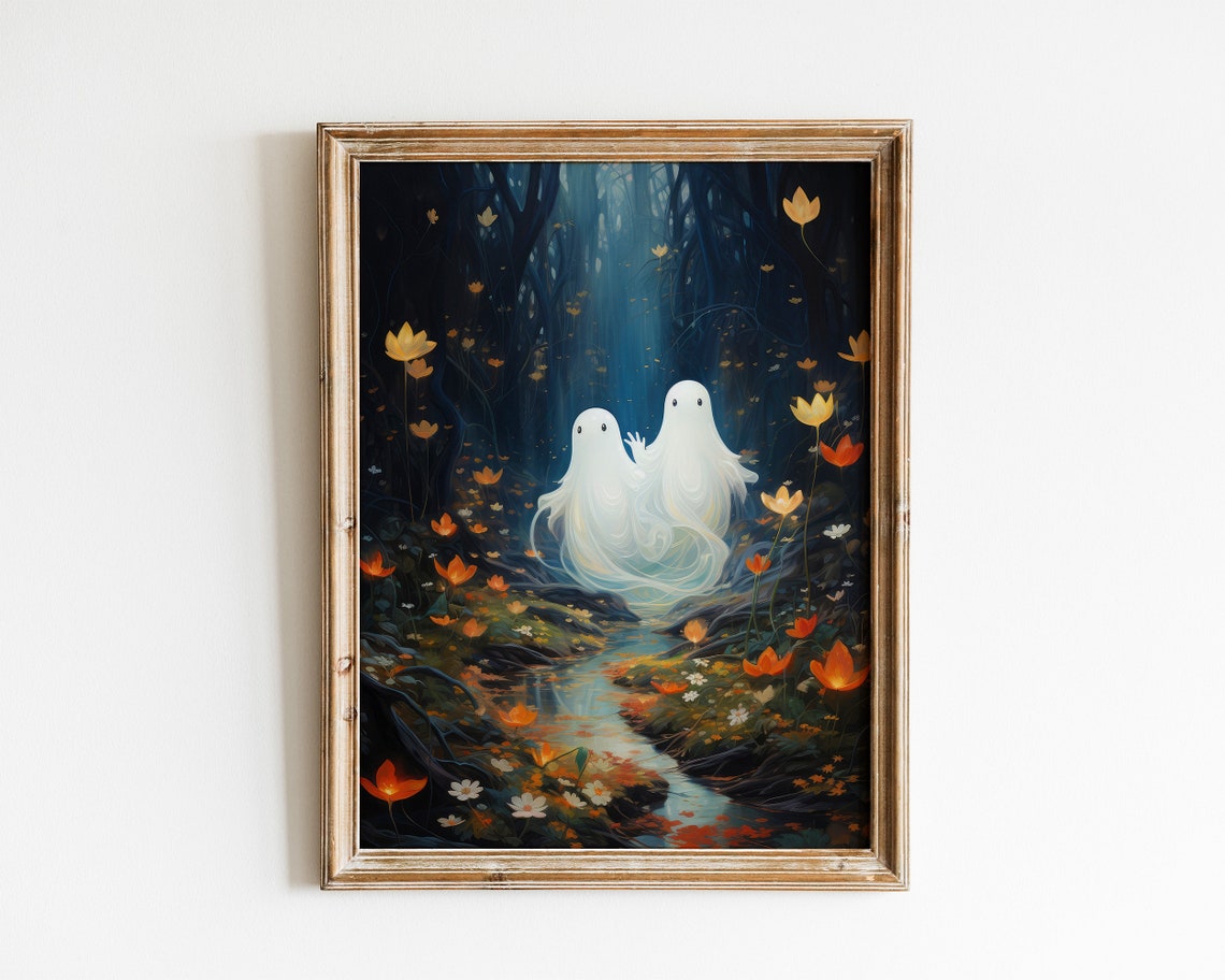 Two Friendly Ghosts In A Blue Flower Forest Halloween Poster