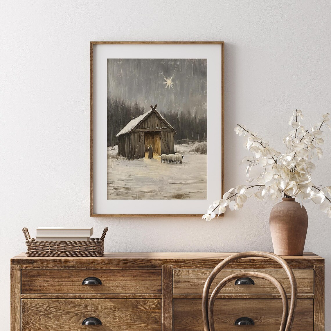 Vintage Winter Scene Painting, Rustic Christmas Shepherd - Image 7