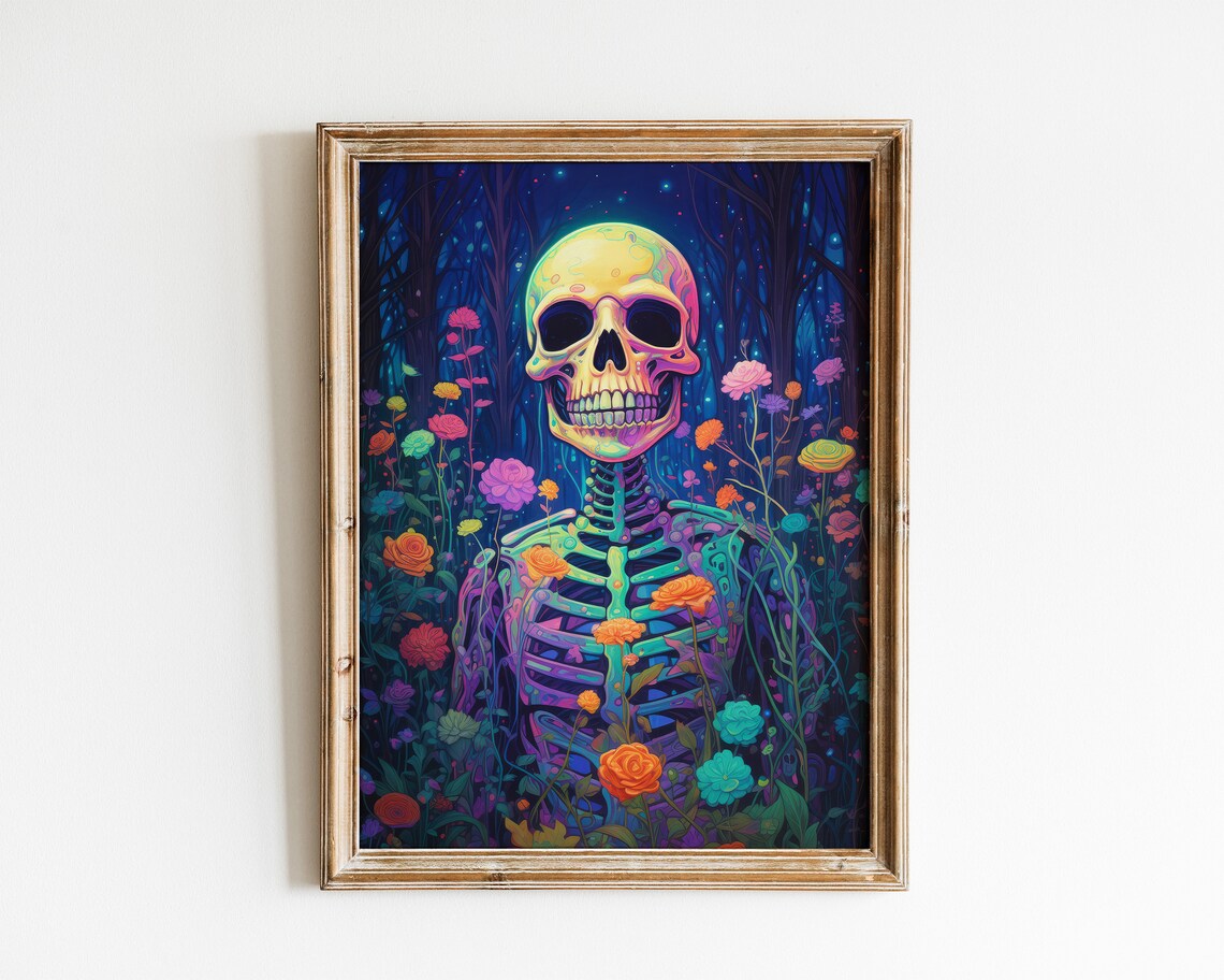 Neon Skeleton Among Colorful Flowers in a Night Forest Psychedelic Poster