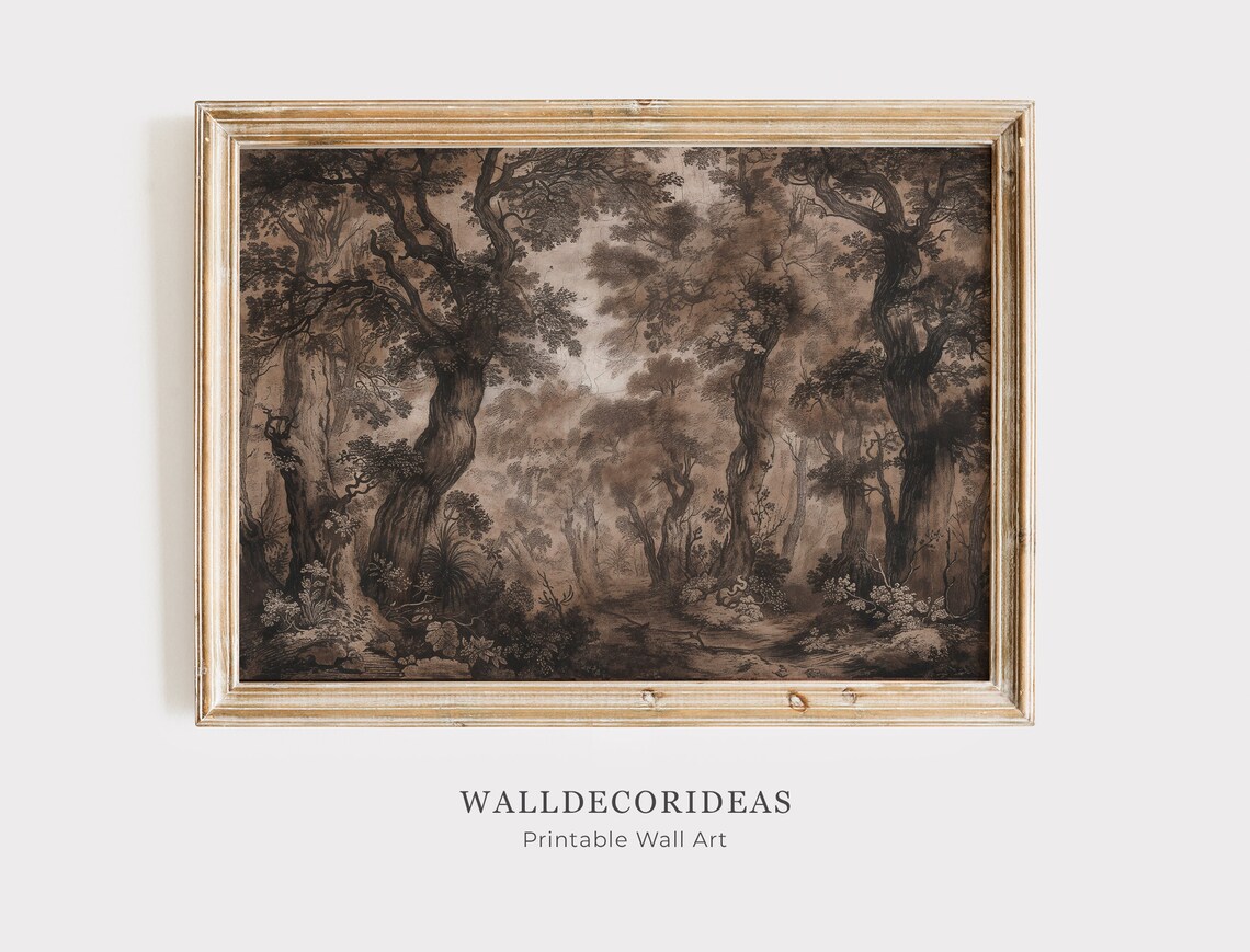Dark Moody Forest Gnarled Trees Sepia Woodland Landscape Painting Poster - Image 2