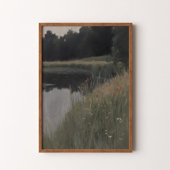 Vintage Rustic Landscape Painting Moody Neutral Pond Scene With Wildflowers Vi201