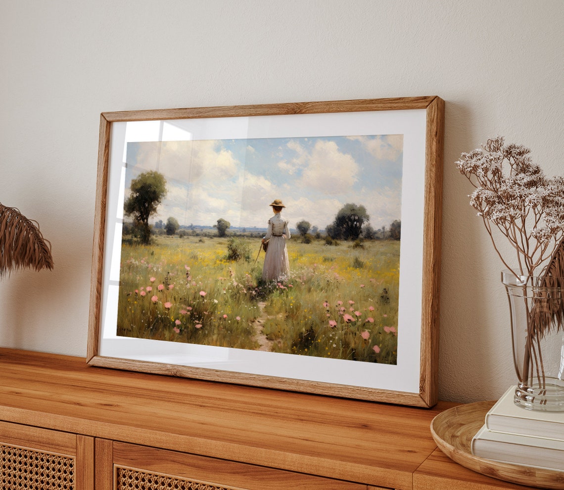 Woman In White Dress Walking Through Wildflower Field Painting Poster - Image 2