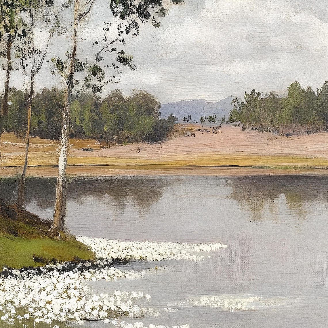 Vintage Spring Lake Landscape, Wildflowers Forest Scene - Image 2