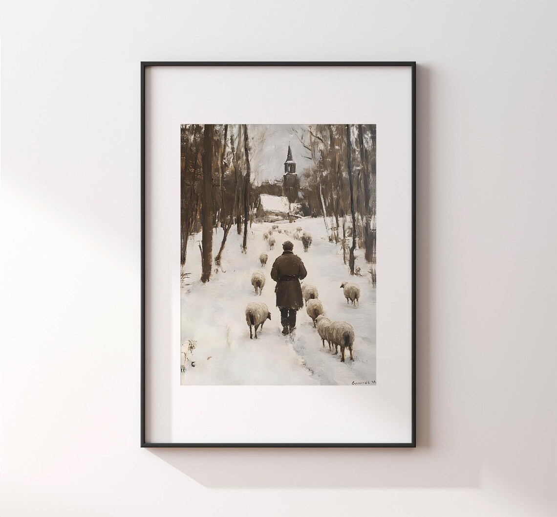 Shepherd Leading Sheep Through Snowy Village Toward Church Winter Art Poster - Image 2