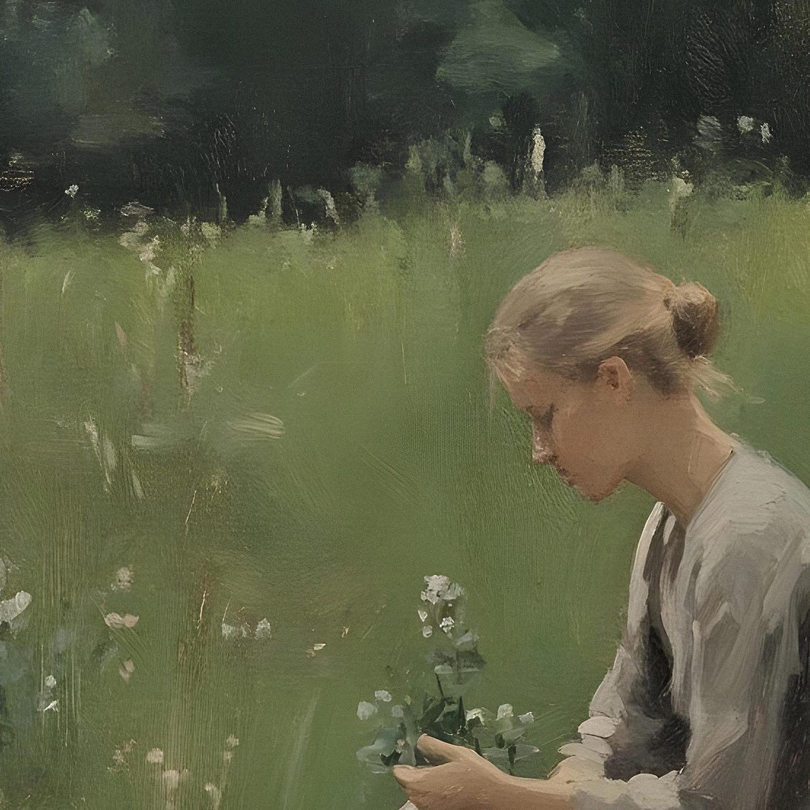 Woman Picking Flowers Meadow Green Field Dark Forest Edge Oil Poster - Image 2