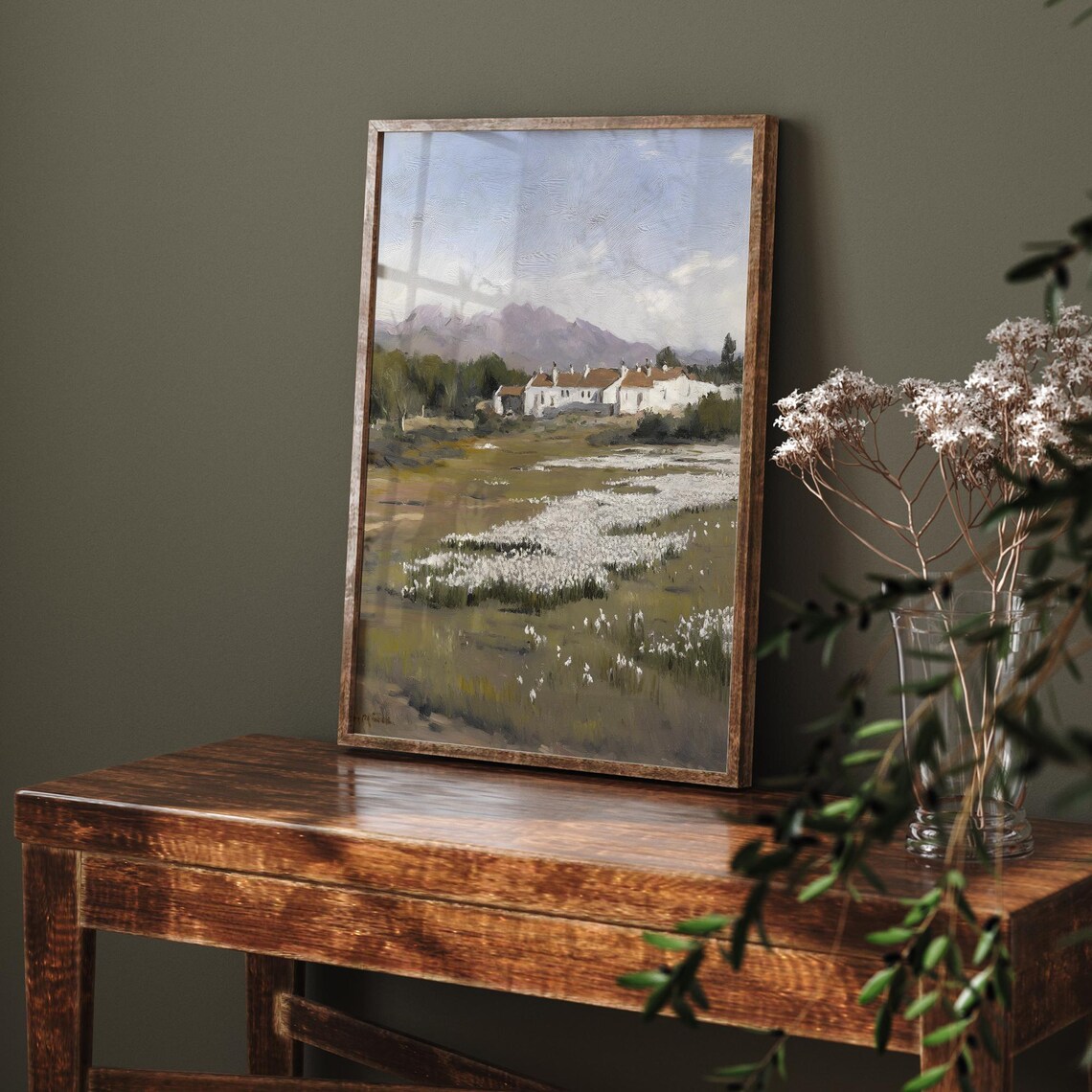Mountain Village With White Flower Field Vintage Rustic Painting Poster - Image 6