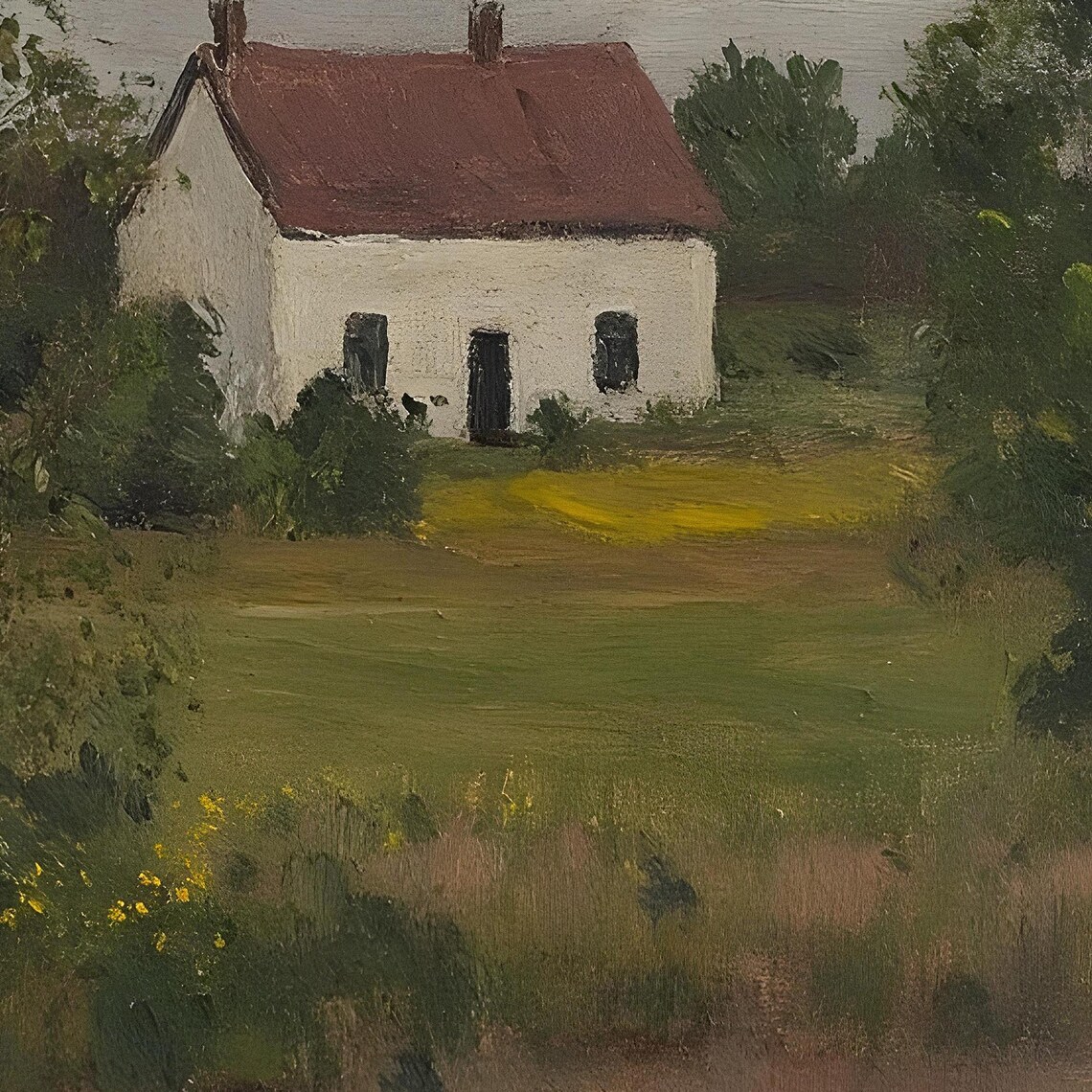 White House With Red Roof In Green Meadow Vintage Painting Poster - Image 2