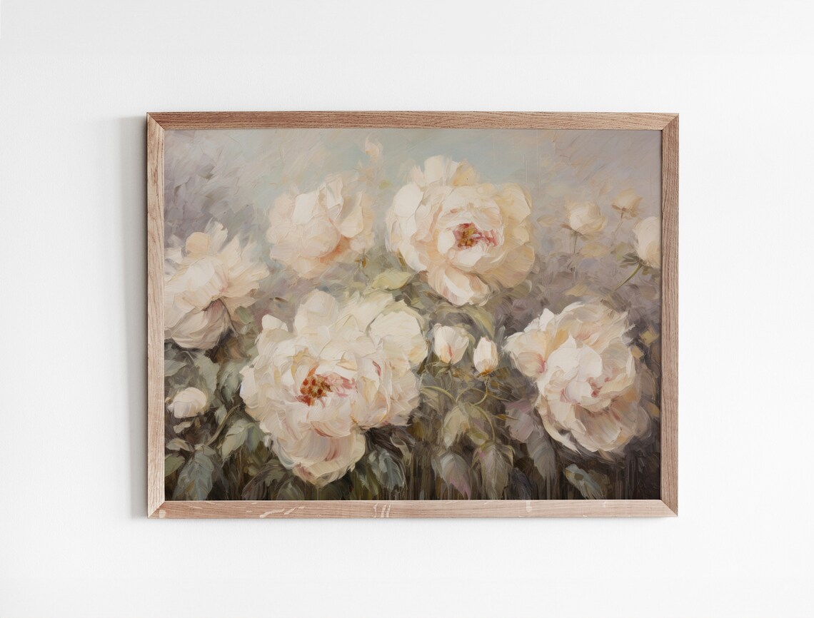 White Peony Blooms Vintage Impressionist Floral Oil Painting Poster - Image 3