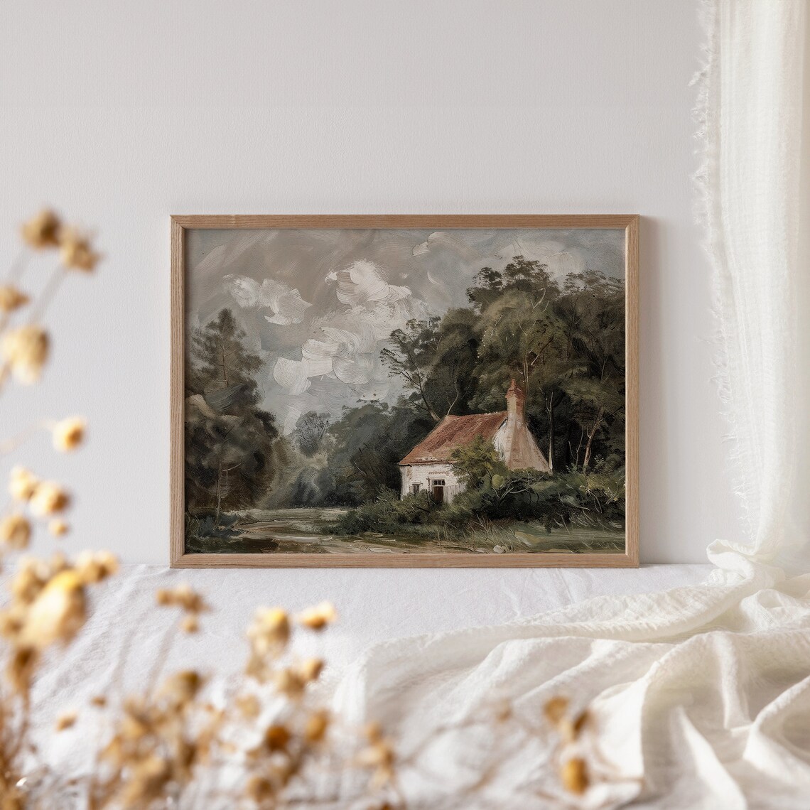 White Cottage Red Roof Hidden in Green Woods Vintage Painting Poster - Image 4