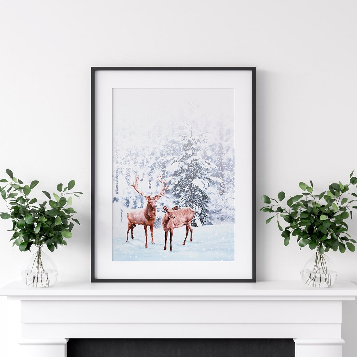Stag and Doe Deer Pair Snowy Winter Forest Wildlife Scene Poster - Image 4