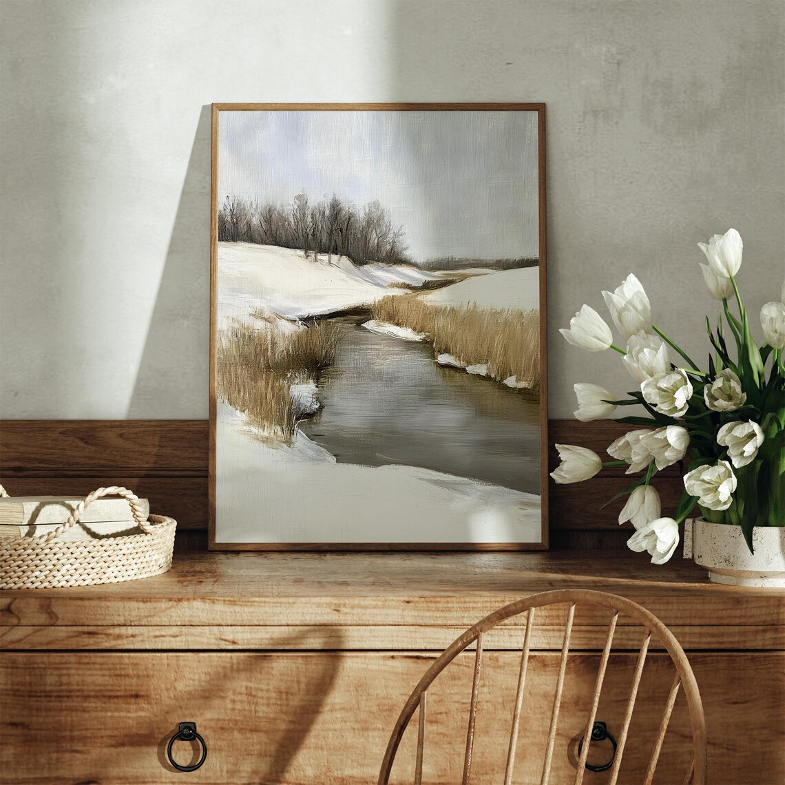 Winter Creek Through Snow With Reeds Muted Vintage Landscape Painting Poster - Image 3