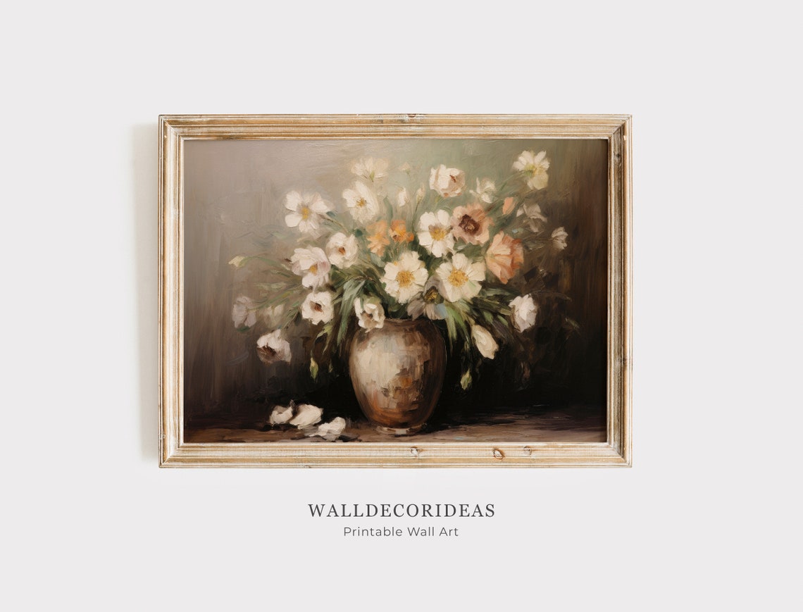 White Blossom Vase Moody Vintage Floral Still Life Painting Poster