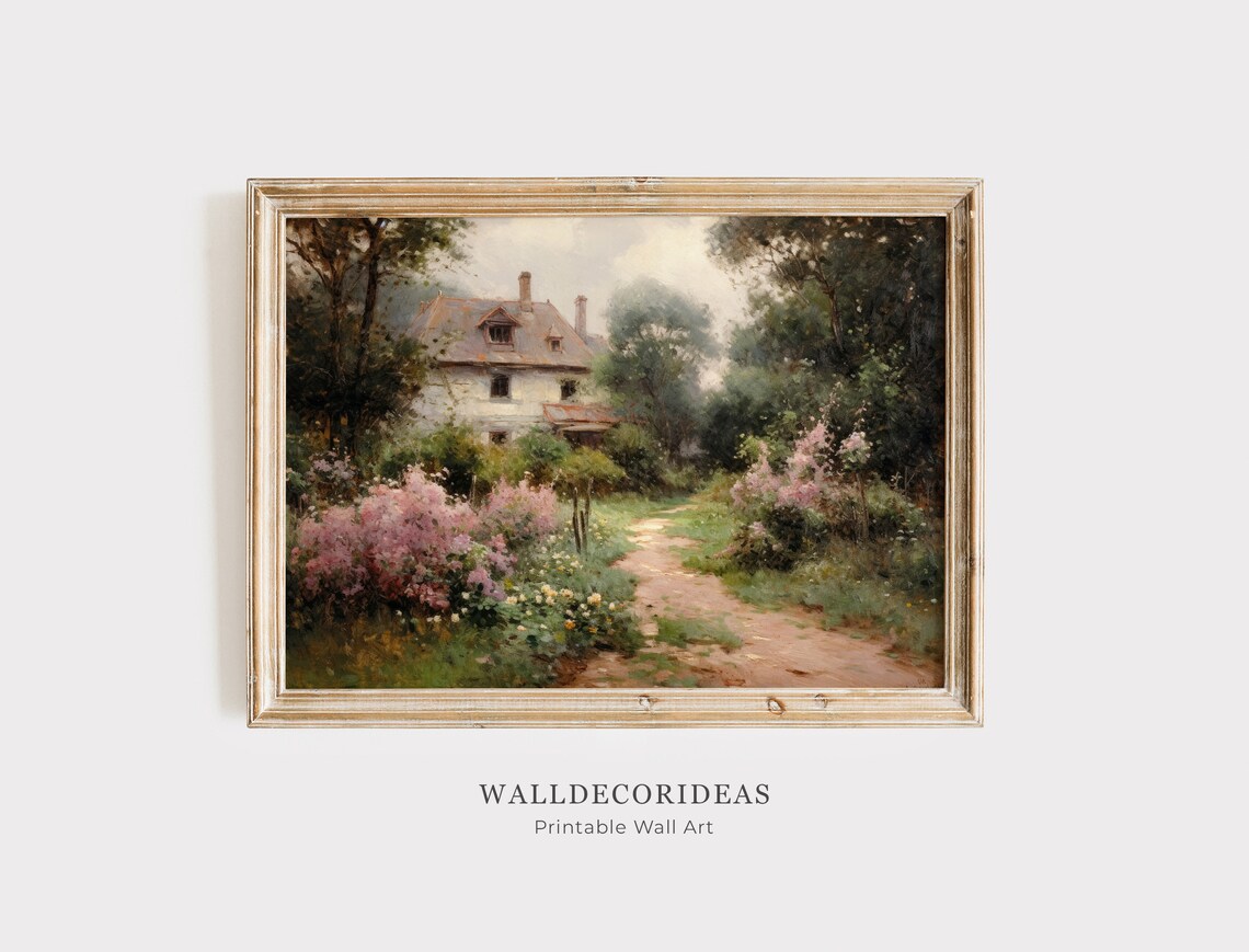 Vintage Garden Print, Antique Landscape Painting