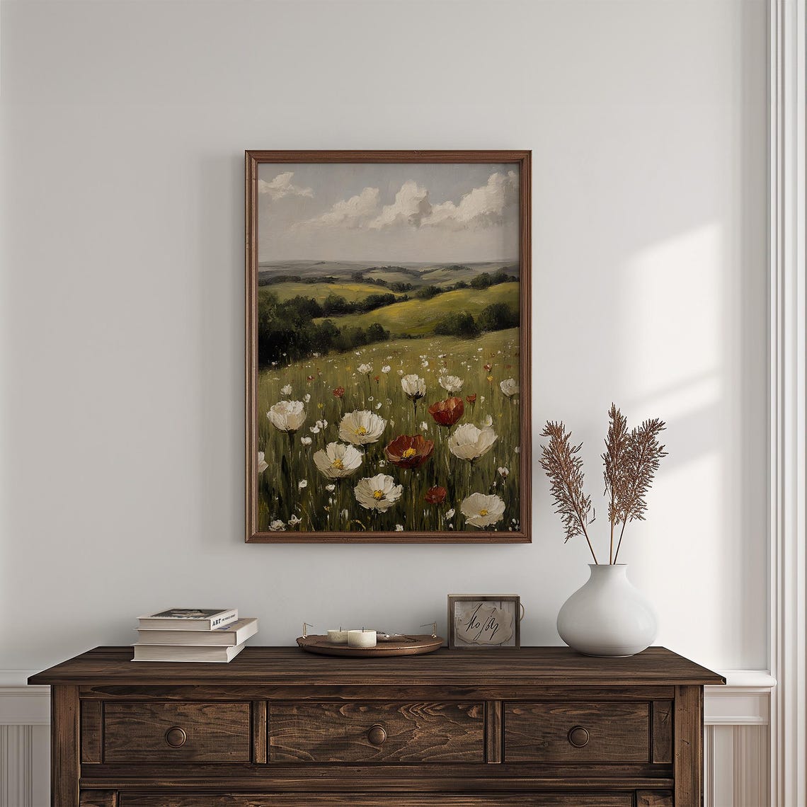 White And Red Poppies Over Rolling Green Hills Vintage Field Poster - Image 4