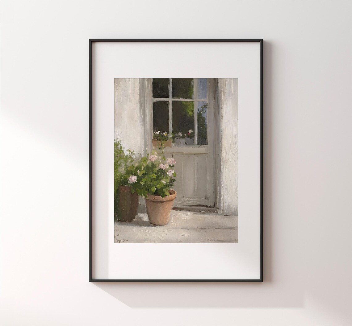 White Window With Terracotta Rose Pots On Sunlit Patio Spring Floral Poster - Image 2