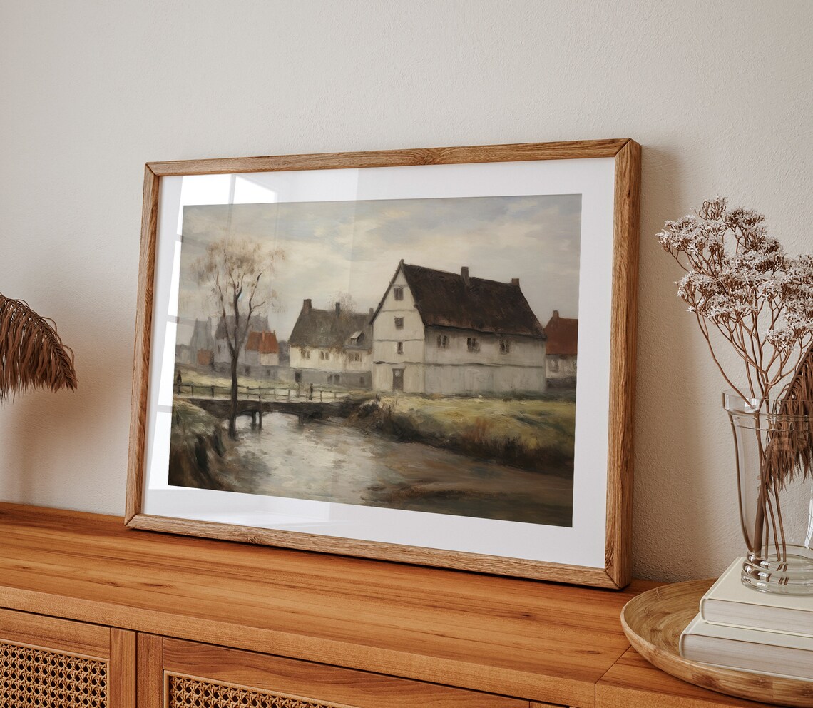 European Village Houses by a Quiet Canal Rustic Vintage Oil Art Poster - Image 2