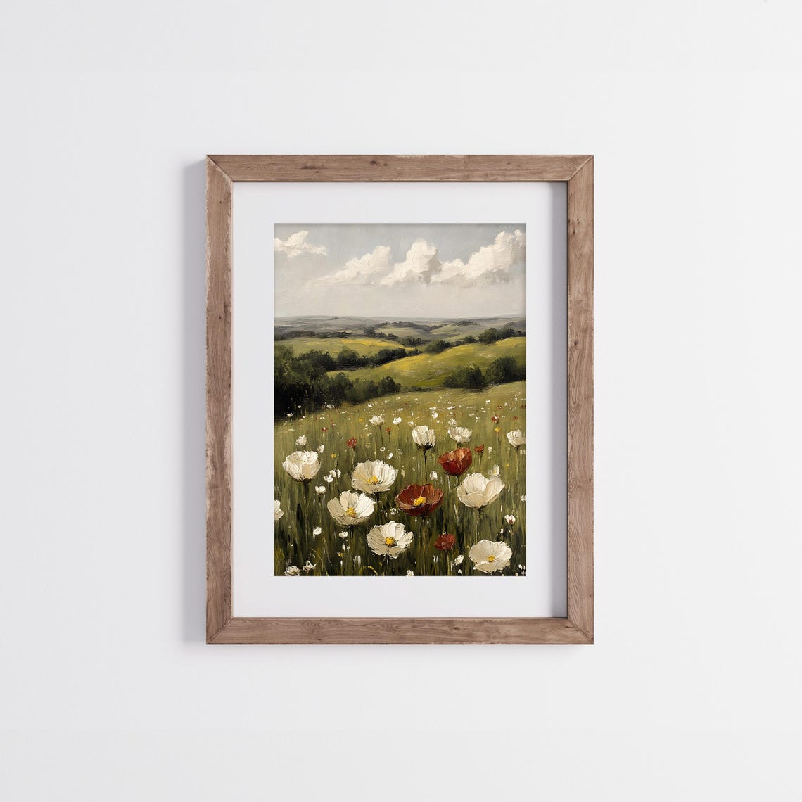 White And Red Poppies Over Rolling Green Hills Vintage Field Poster - Image 3
