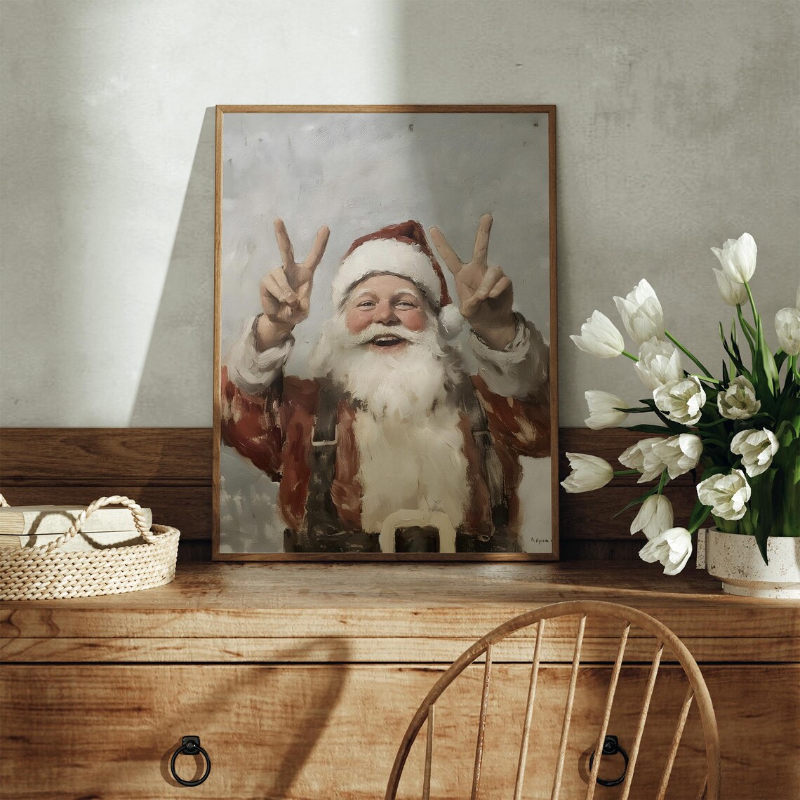 Jolly Santa Claus Peace Signs Vintage Christmas Portrait Poster - Image 3
