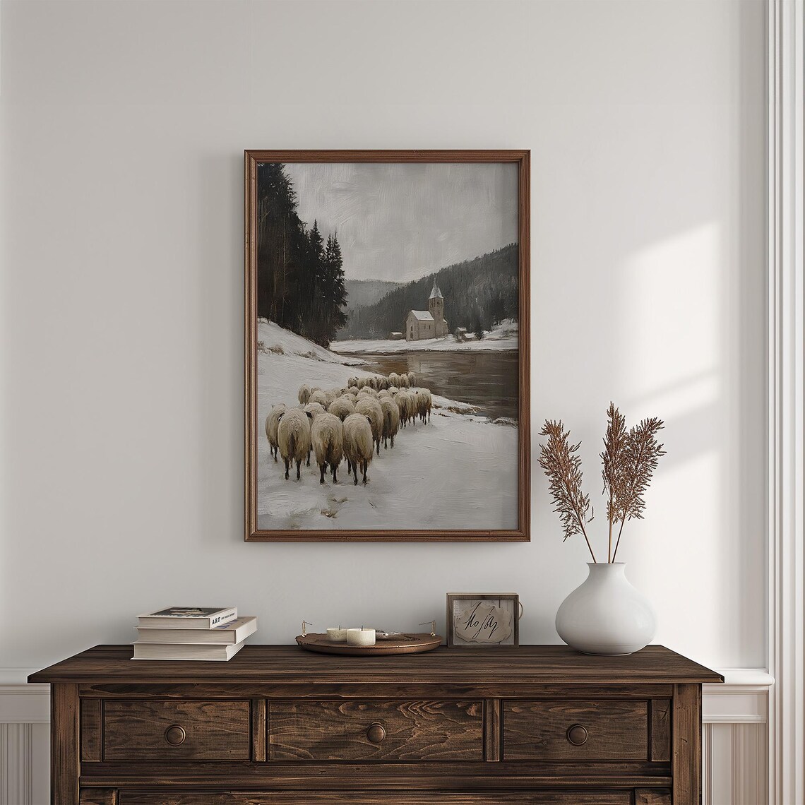 Sheep Herd On Snowy Riverbank With Church Across Water Vintage Winter Poster - Image 7