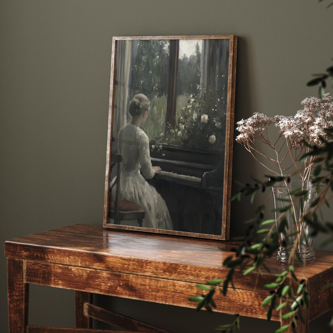 Woman At Piano White Dress Window Garden Moody Interior Oil Poster - Image 6