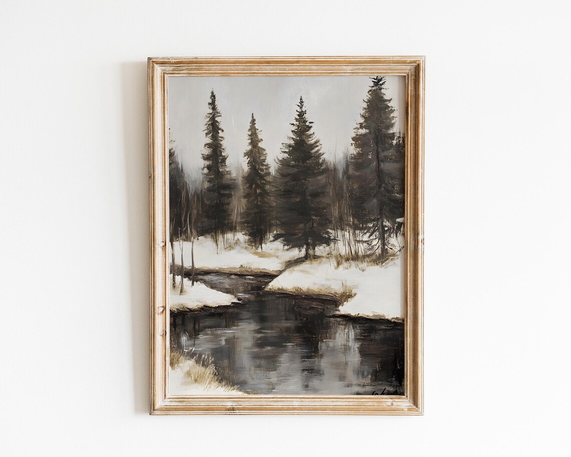 Rustic Winter Landscape, Moody Snowy Forest Scene