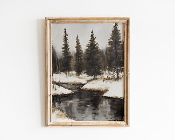 Rustic Winter Landscape, Moody Snowy Forest Scene