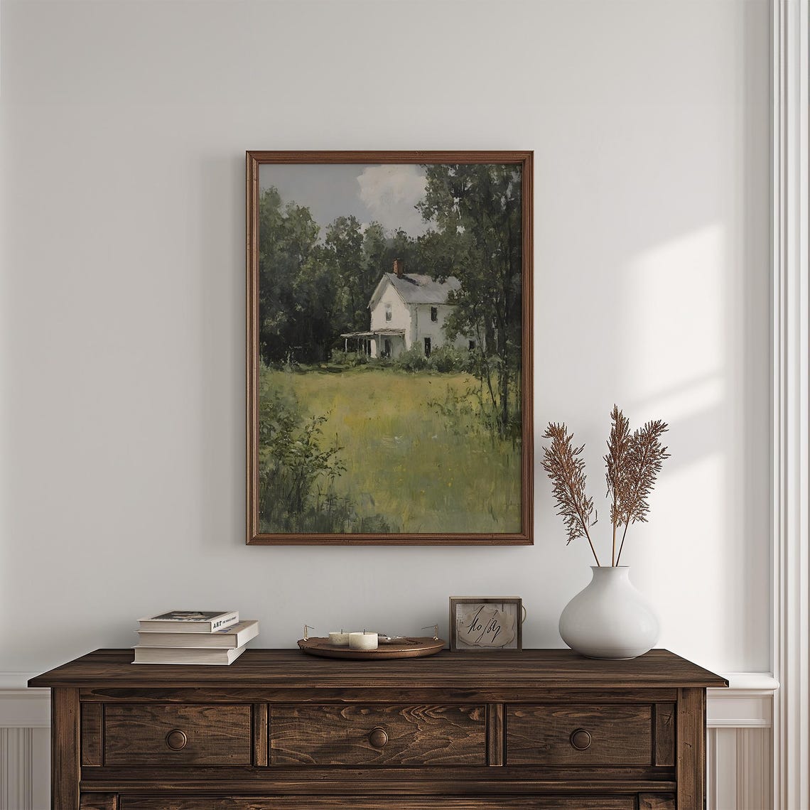 White Farmhouse Among Summer Trees Vintage Countryside Painting Poster - Image 4