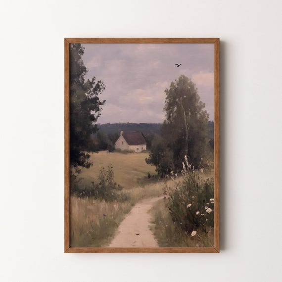 Vintage Farmhouse Landscape Painting Rustic Country Field And Cottage Scene Vi249