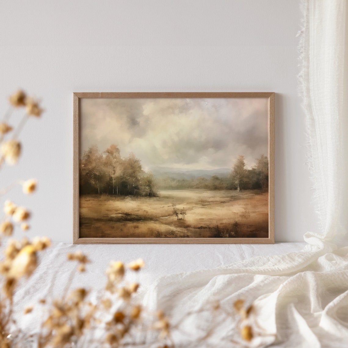 Muted Warm Tonal Forest Edge Meadow Landscape Painting Poster - Image 4
